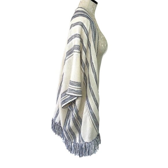 Lucky Brand Shawl Poncho Womens Size Small S Woven Open Striped Bohemian Ivory - Picture 3 of 10
